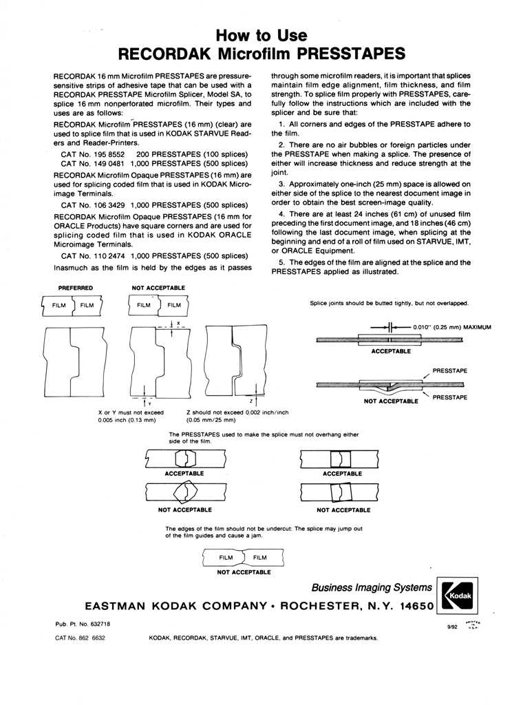 Recordak Microfilm Presstape application directions